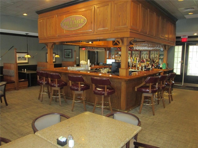 bar with recessed lighting, carpet, and a community bar