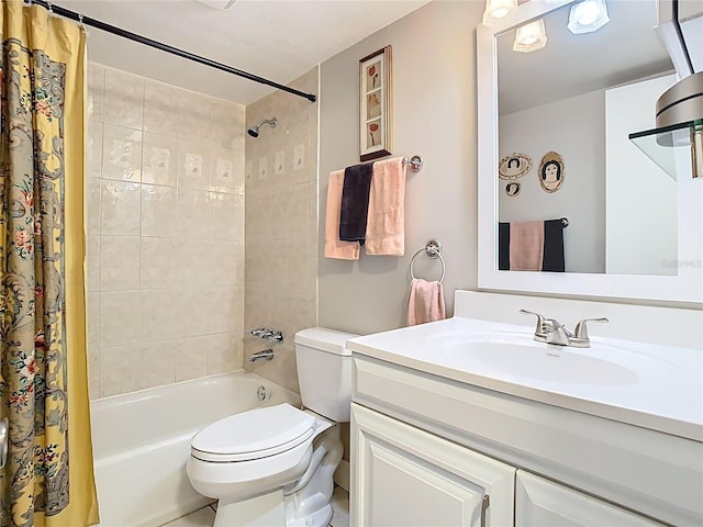 full bath with shower / bath combo with shower curtain, toilet, and vanity