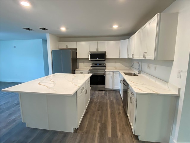 545 Brooks Ct, Polk City, FL 33868 - kitchen with stainless steel appliances, a center island, dark wood-style floors, a sink, and light stone countertops
