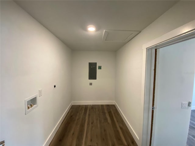 545 Brooks Ct, Polk City, FL 33868 - clothes washing area featuring hookup for a washing machine, hookup for an electric dryer, electric panel, dark wood finished floors, and baseboards