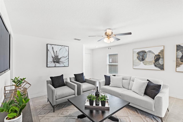 392 Kensington View Dr, Winter Haven, FL 33880 - living area with baseboards, visible vents, a textured ceiling, and ceiling fan