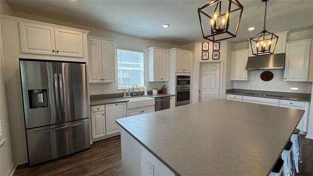 3330 Hanging Tide St, Winter Garden, FL 34787 - kitchen featuring a center island, a sink, a notable chandelier, under cabinet range hood, and appliances with stainless steel finishes