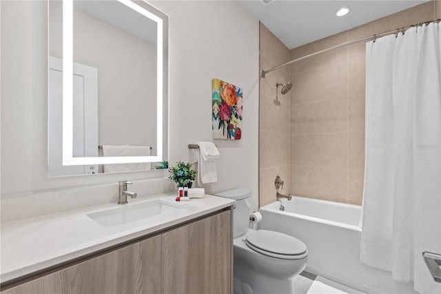 bathroom with recessed lighting, vanity, toilet, and shower / bath combination with curtain