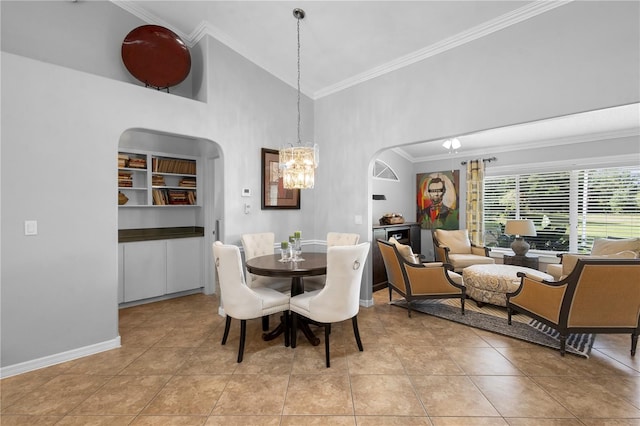 26901 Racquet Cir, Leesburg, FL 34748 - dining room with light tile patterned floors, crown molding, a chandelier, baseboards, and high vaulted ceiling