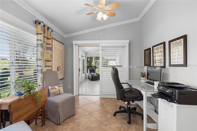 26901 Racquet Cir, Leesburg, FL 34748 - home office with lofted ceiling, a textured ceiling, ceiling fan, light tile patterned flooring, and ornamental molding