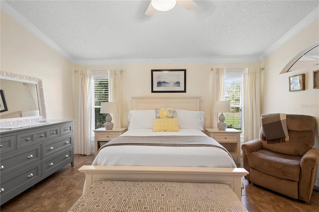 26901 Racquet Cir, Leesburg, FL 34748 - bedroom with a textured ceiling, dark tile patterned flooring, a ceiling fan, and ornamental molding
