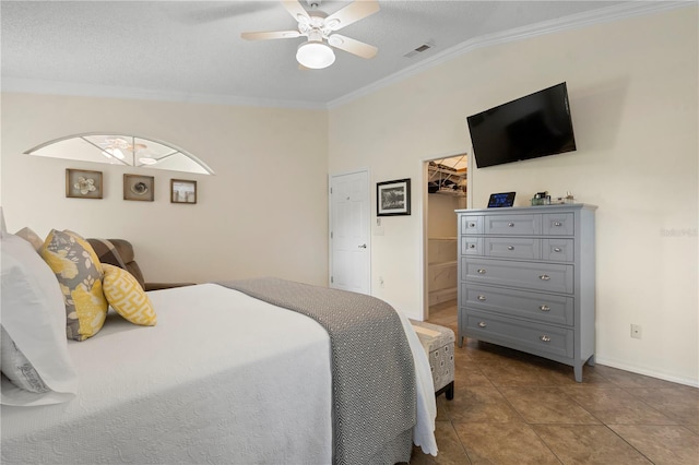 26901 Racquet Cir, Leesburg, FL 34748 - bedroom with tile patterned flooring, baseboards, visible vents, a ceiling fan, and crown molding