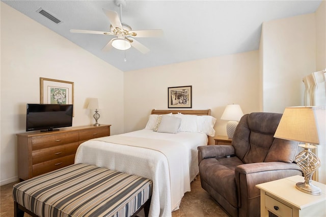 26901 Racquet Cir, Leesburg, FL 34748 - bedroom with visible vents, ceiling fan, and vaulted ceiling