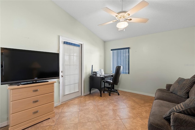 26901 Racquet Cir, Leesburg, FL 34748 - office area with baseboards, light tile patterned floors, ceiling fan, and lofted ceiling