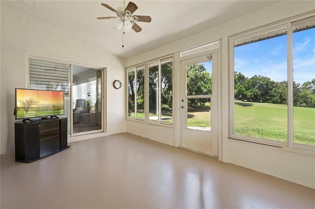 26901 Racquet Cir, Leesburg, FL 34748 - unfurnished sunroom with finished concrete flooring and vaulted ceiling