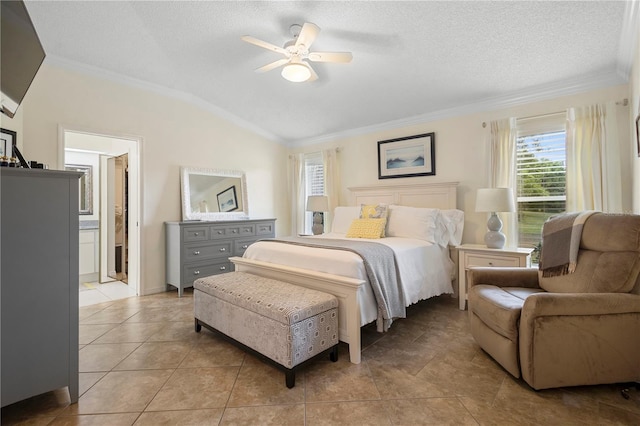 26901 Racquet Cir, Leesburg, FL 34748 - bedroom featuring a ceiling fan, light tile patterned flooring, crown molding, and vaulted ceiling