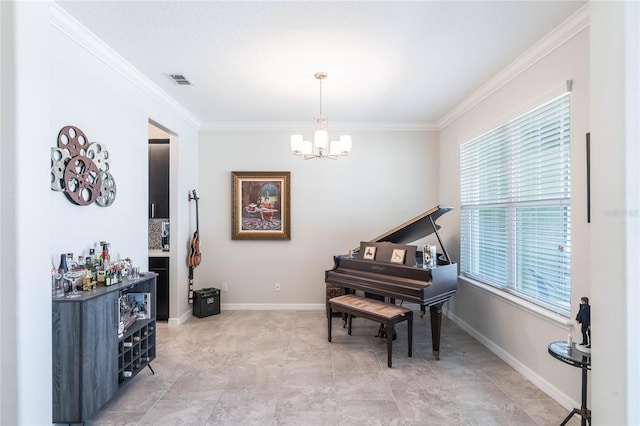 sitting room featuring crown molding, baseboards, a notable chandelier, and visible vents