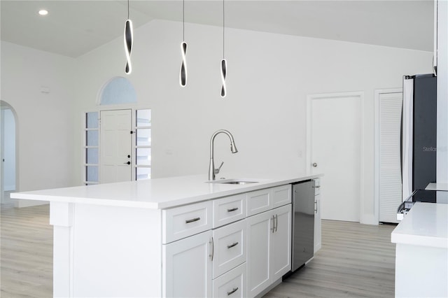 2218 Newt St, Orlando, FL 32837 - kitchen featuring a sink, stainless steel appliances, light wood-style floors, light countertops, and lofted ceiling