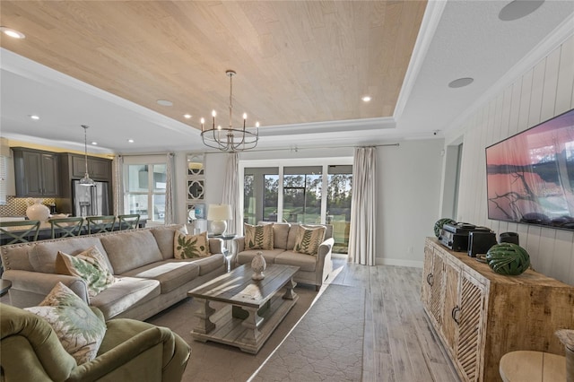 living area featuring ornamental molding, a raised ceiling, wood ceiling, light wood finished floors, and a notable chandelier
