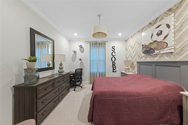 bedroom with light colored carpet, ornamental molding, baseboards, and recessed lighting