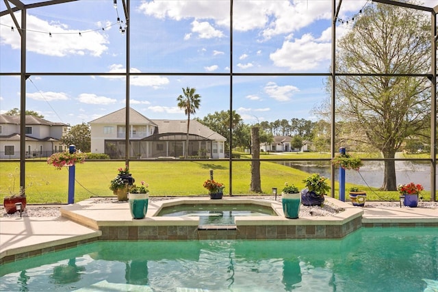 10664 Emerald Chase Dr, Orlando, FL 32836 - pool with a water view, a patio area, a lawn, glass enclosure, and an in ground hot tub