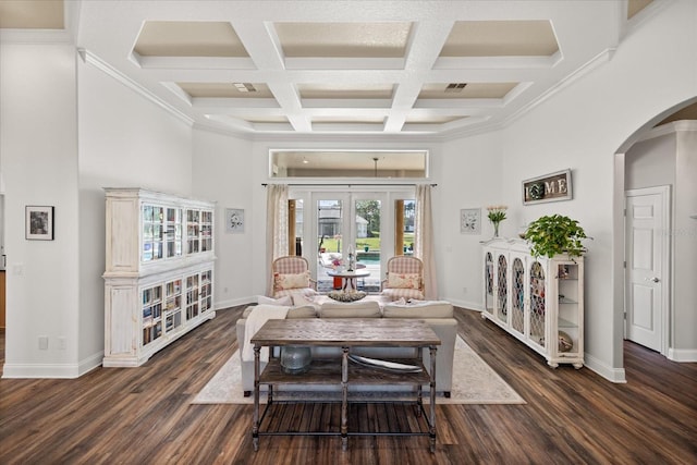 10664 Emerald Chase Dr, Orlando, FL 32836 - interior space featuring baseboards, arched walkways, a high ceiling, dark wood-type flooring, and coffered ceiling