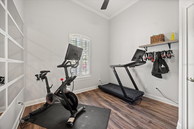 10664 Emerald Chase Dr, Orlando, FL 32836 - workout area with baseboards, crown molding, a ceiling fan, and wood finished floors