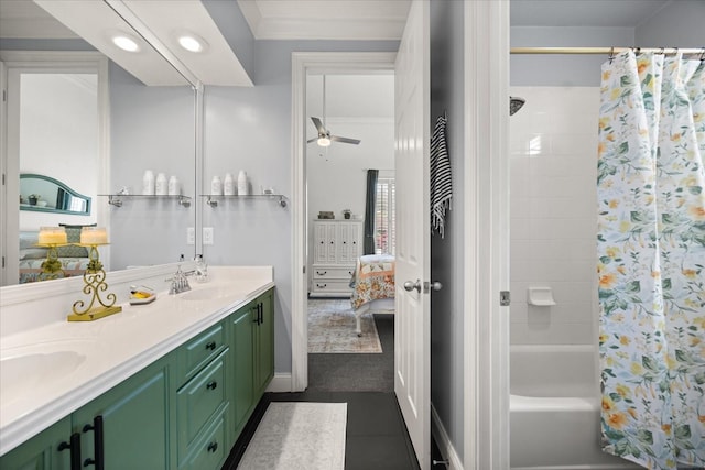 10664 Emerald Chase Dr, Orlando, FL 32836 - ensuite bathroom featuring ceiling fan, ensuite bathroom, shower / bathtub combination with curtain, a sink, and double vanity