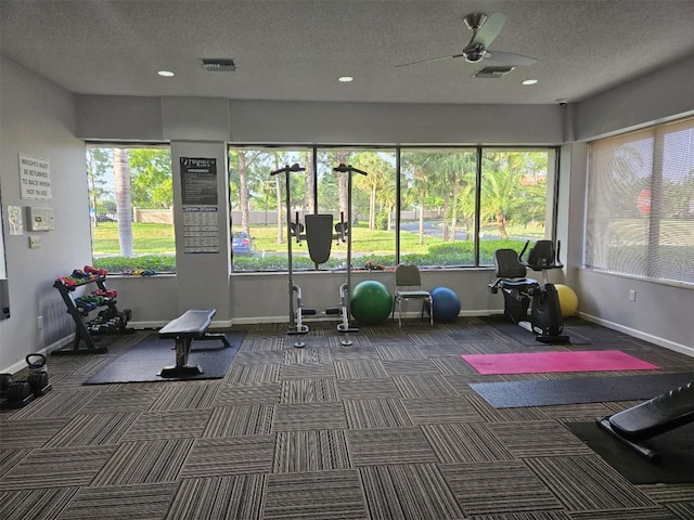 5421 Watervista Dr, Orlando, FL 32821 - workout area with baseboards, a ceiling fan, carpet, and a textured ceiling