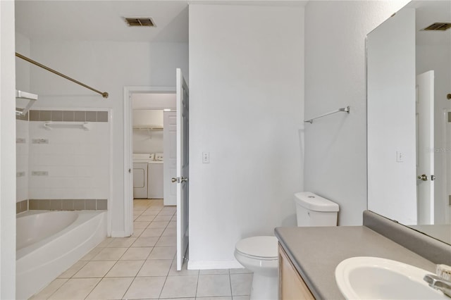 full bath with toilet, separate washer and dryer, tile patterned flooring, and visible vents