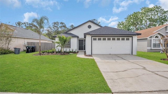 13838 Ginger Creek Blvd, Orlando, FL 32826 - ranch-style house featuring a garage, stucco siding, roof with shingles, a front yard, and concrete driveway