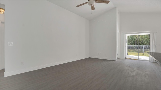 13838 Ginger Creek Blvd, Orlando, FL 32826 - empty room with high vaulted ceiling, baseboards, a ceiling fan, and wood finished floors