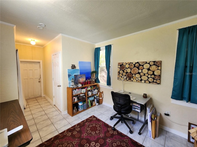 tiled office space with ornamental molding, baseboards, and a textured ceiling
