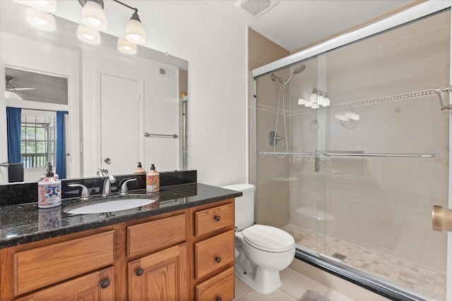 full bath featuring vanity, visible vents, a stall shower, and toilet