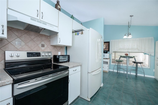 kitchen featuring white cabinets, white appliances, decorative backsplash, and under cabinet range hood