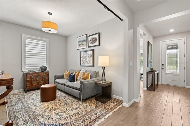 living room featuring light wood finished floors and baseboards