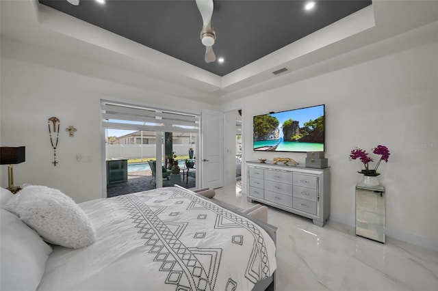 1214 Embers Pkwy W, Cape Coral, FL 33993 - bedroom with a tray ceiling, visible vents, access to exterior, marble finish floor, and baseboards