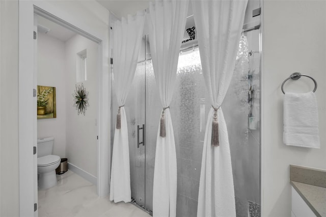 1214 Embers Pkwy W, Cape Coral, FL 33993 - bathroom featuring toilet, marble finish floor, a stall shower, and baseboards