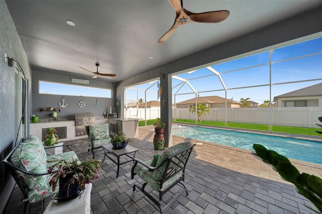 1214 Embers Pkwy W, Cape Coral, FL 33993 - view of patio / terrace featuring a fenced backyard, glass enclosure, a ceiling fan, and area for grilling