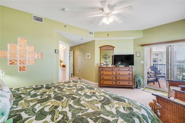 5300 S Atlantic Ave Unit 2-501, New Smyrna Beach, FL 32169 - carpeted bedroom featuring visible vents, access to exterior, and a ceiling fan