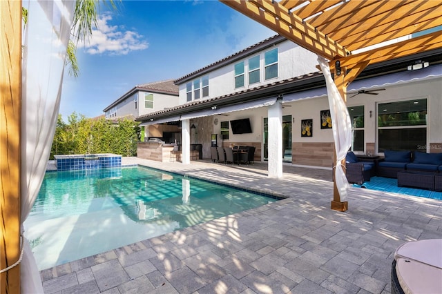 8109 Ludington Cir, Orlando, FL 32836 - view of swimming pool featuring area for grilling, a pergola, outdoor lounge area, a ceiling fan, and a patio area