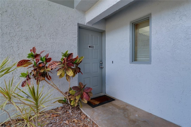 entrance to property with stucco siding