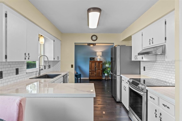 1010 Chokecherry Dr, Winter Springs, FL 32708 - kitchen featuring stainless steel appliances, under cabinet range hood, dark wood finished floors, white cabinetry, and a peninsula