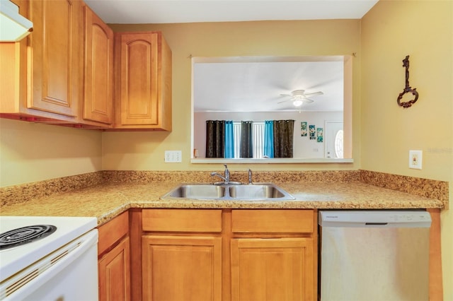 9231 Ventana Ln, Orlando, FL 32825 - kitchen featuring light countertops, stainless steel dishwasher, a sink, and a ceiling fan