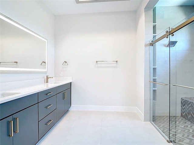 1080 E Jack Nicklaus Ct, Kissimmee, FL 34747 - full bathroom featuring a stall shower, double vanity, baseboards, and tile patterned flooring