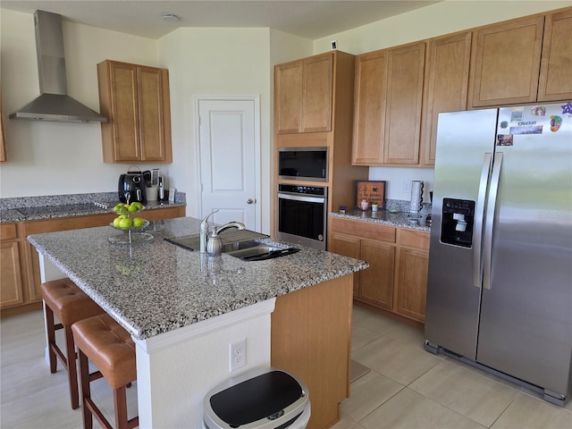 1764 Stamen Dr, Kissimmee, FL 34744 - kitchen with a breakfast bar, light stone countertops, wall chimney exhaust hood, appliances with stainless steel finishes, and a sink