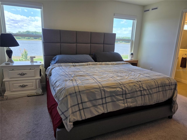 1764 Stamen Dr, Kissimmee, FL 34744 - bedroom featuring a water view, ensuite bath, visible vents, and carpet floors