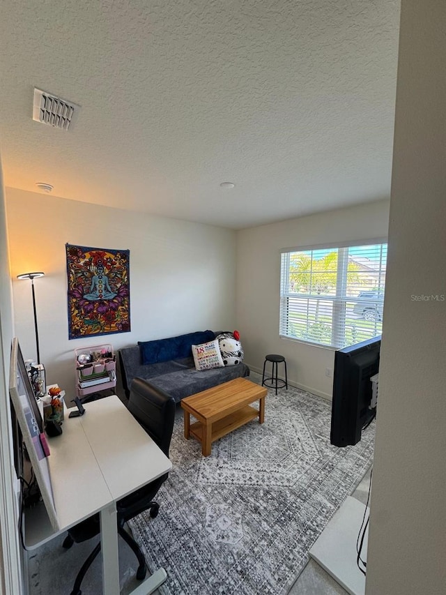 7162 Tigereye Way, Grant, FL 32949 - living room with a textured ceiling, carpet, and a desk