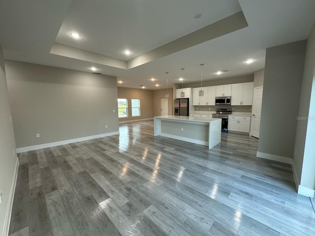 kitchen with a raised ceiling, open floor plan, light wood-style floors, and appliances with stainless steel finishes
