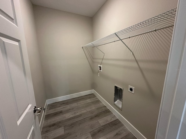 laundry room featuring dark wood-style flooring, electric dryer hookup, baseboards, laundry area, and hookup for a washing machine