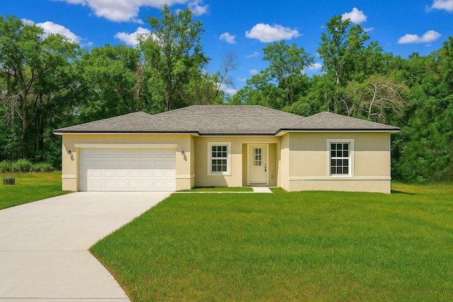 ranch-style house with a garage, concrete driveway, a front lawn, stucco siding, and roof with shingles
