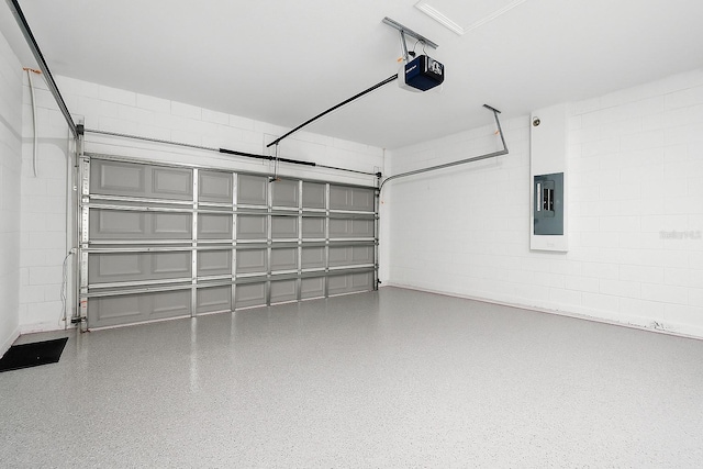 7738 N Creek Way, Citrus Springs, FL 34434 - garage featuring electric panel, a garage door opener, and concrete block wall