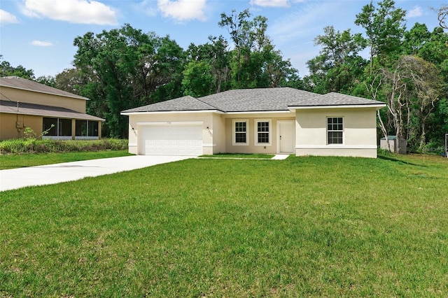 7738 N Creek Way, Citrus Springs, FL 34434 - view of front of home with stucco siding, a garage, concrete driveway, and a front lawn