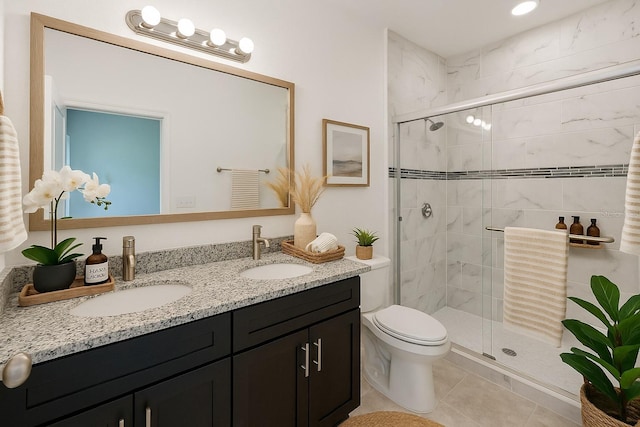 7738 N Creek Way, Citrus Springs, FL 34434 - bathroom with double vanity, a shower stall, and tile patterned flooring