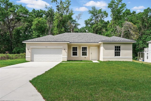 7738 N Creek Way, Citrus Springs, FL 34434 - single story home featuring a garage, concrete driveway, a front yard, and stucco siding